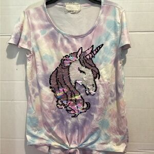 Girls Btween Tie Dye Sequin Unicorn Short Sleeve Tie Front Shirt Size 8